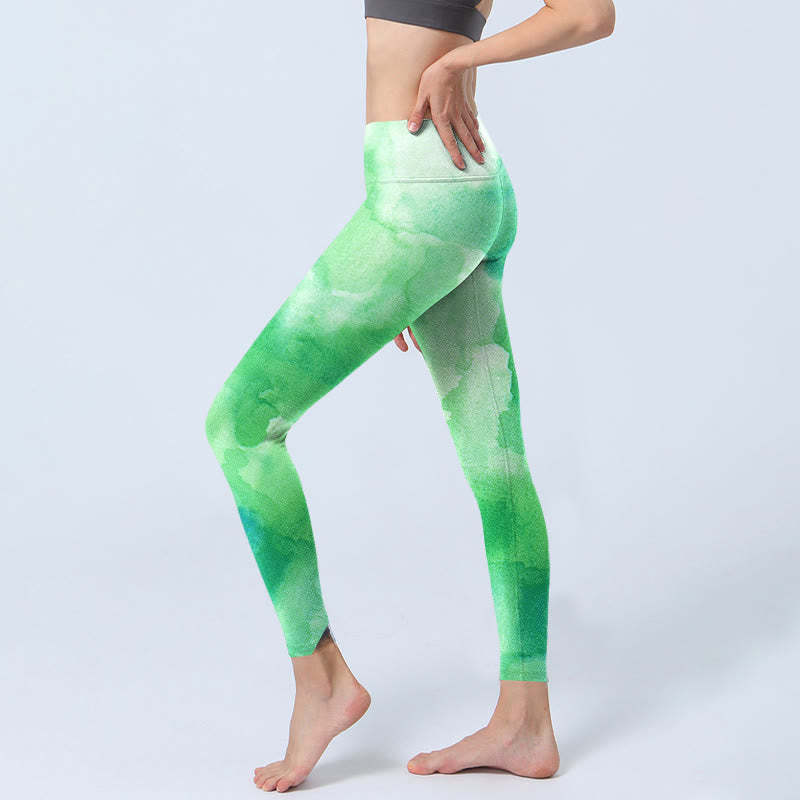 Green Ink Wash Pattern Gym Leggings Women's Yoga Pants