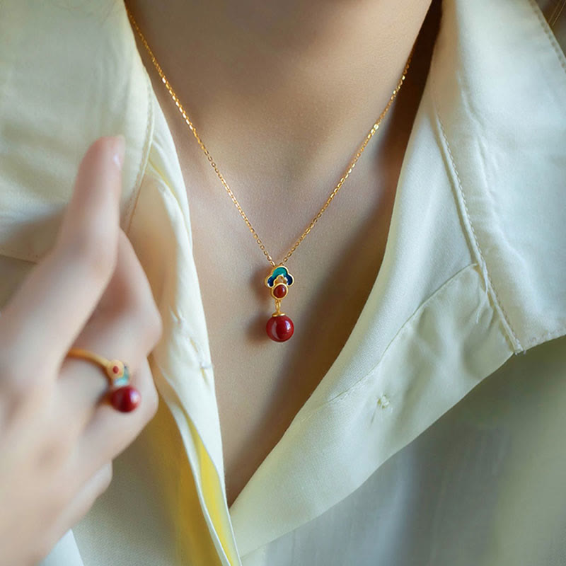 925 Sterling Silver Plated Gold Cinnabar Red Agate Blessing Necklace Pendant Earrings Ring Set