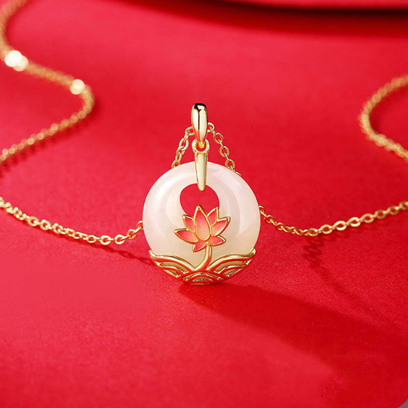 925 Sterling Silver Hetian White Jade Lotus Flower Blessing Necklace Pendant