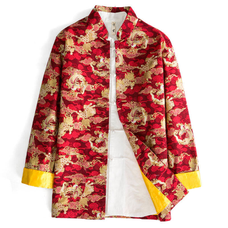 Chinese New Year Golden Auspicious Clouds Frog-button Tang Suit Cotton Men's Jacket Shirt With Pockets
