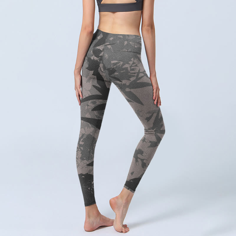 Gray Leaves Print Gym Leggings Women's Yoga Pants