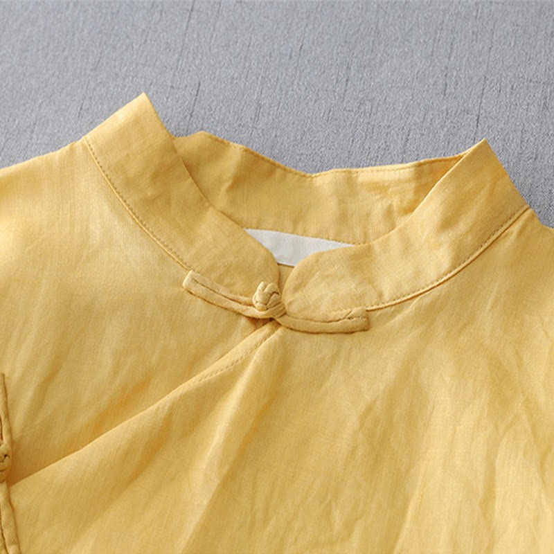 Solid Color Frog-Button Three Quarter Sleeve Double Layer Cotton Linen Shirt