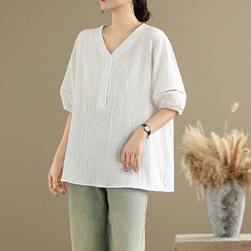 Summer Casual Pure Half Puff Sleeve Half Button V-neck Women's T-Shirt
