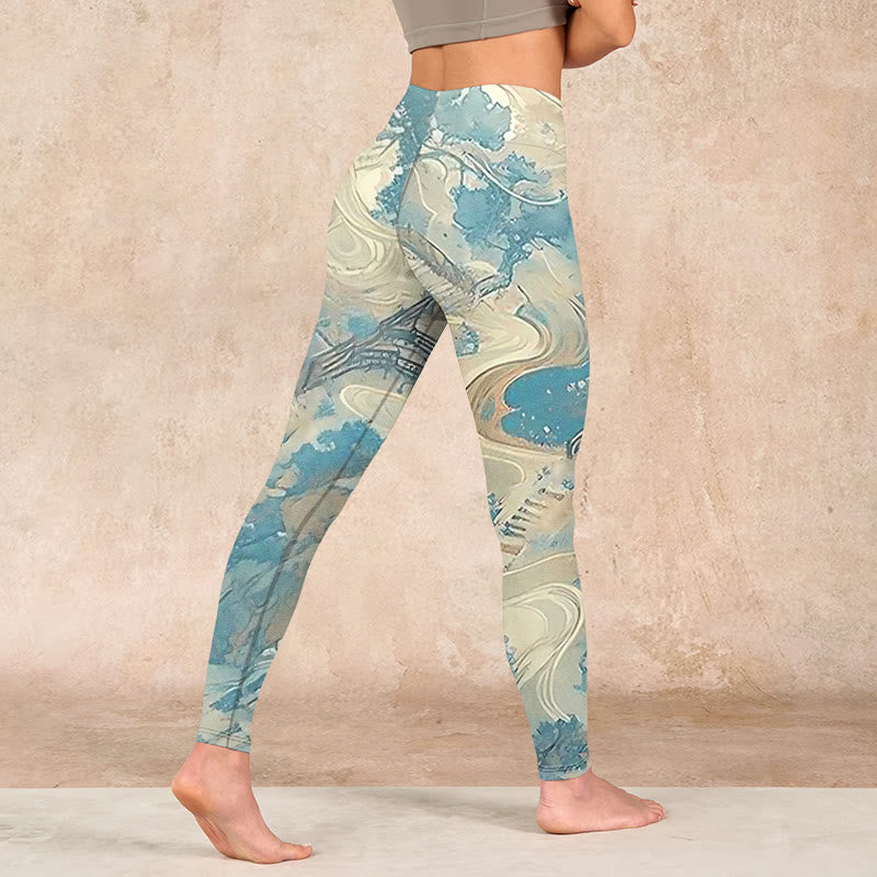Chinese Architecture Dark Sea Green Print Fitness Leggings Women's Yoga Pants