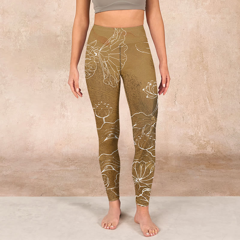 Goldenrod Lotus Flowers Leaves Print Gym Fitness Leggings Women's Yoga Pants