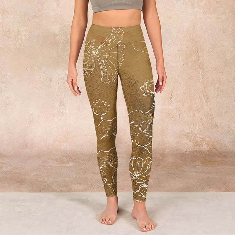 Goldenrod Lotus Flowers Leaves Print Gym Fitness Leggings Women's Yoga Pants