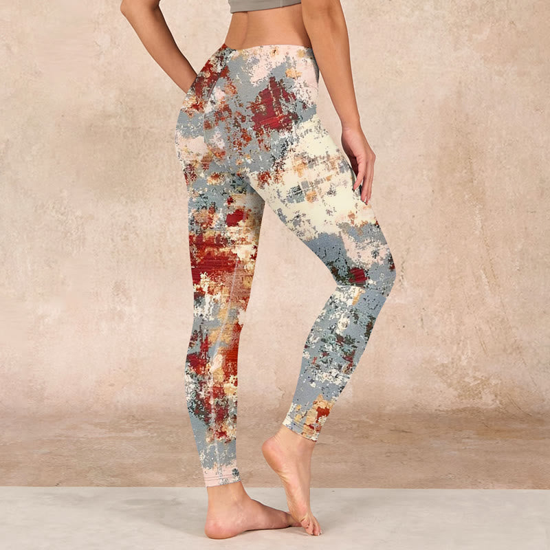 Beige Red Grey Abstract Design Print Exercise Leggings Women's Yoga Pants