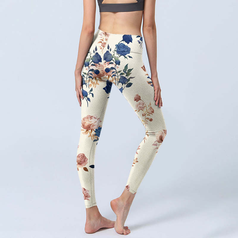 Red Blue Rose Leaf Print Gym Leggings Women's Yoga Pants