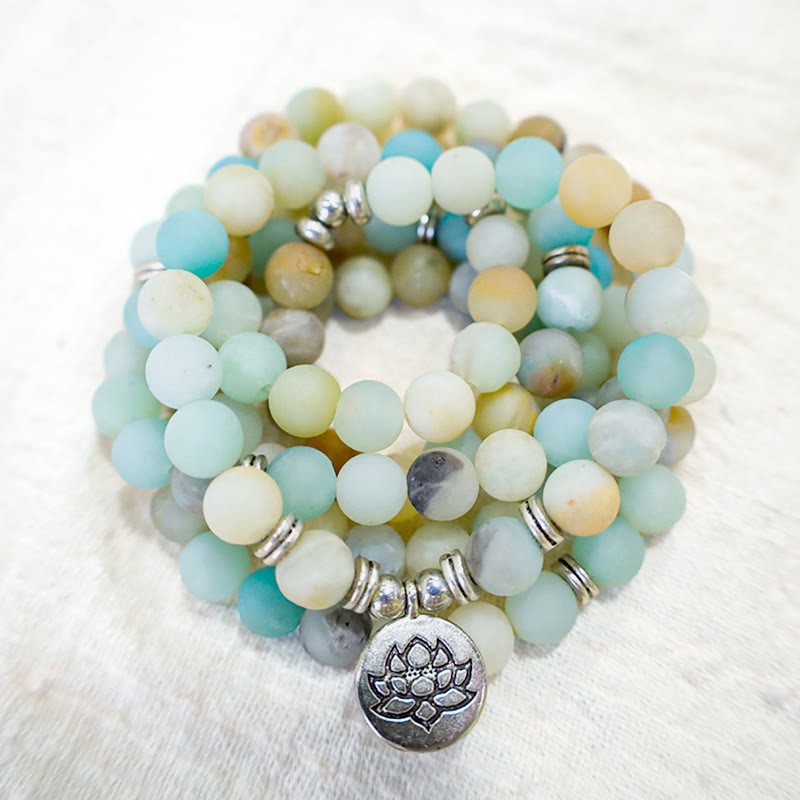 Tibetan Amazonite Stone Blessing Lotus Mala