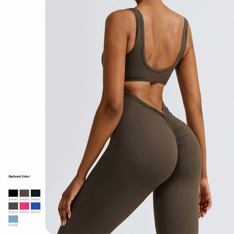 Women Workout Sleeveless Jumpsuit Flare Pants Sports Fitness Yoga Bodysuit