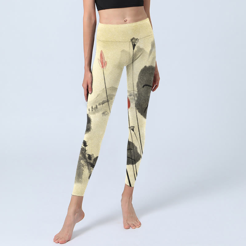 Lotus Mountains House Print Gym Leggings Women's Yoga Pants