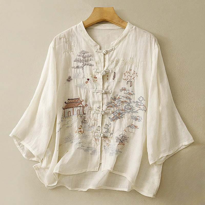 Casual Women's Frog-Button Embroidered Plant Crew Neck Design Three Quarter Sleeve Cotton Shirt