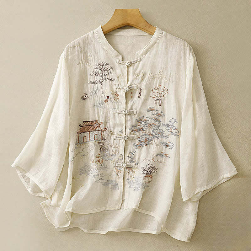 Casual Women's Frog-Button Embroidered Plant Crew Neck Design Three Quarter Sleeve Cotton Shirt