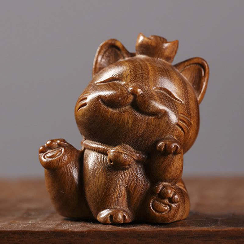 Mini Green Sandalwood Ingot Lucky Cat Carved Peace Desk Decorations