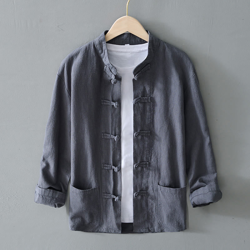 Frog-Button Chinese Tang Suit Ramie Linen Cotton Men Jacket Shirt With Pockets