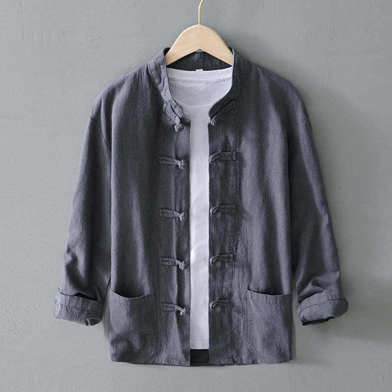 Frog-Button Chinese Tang Suit Ramie Linen Cotton Men Jacket Shirt With Pockets