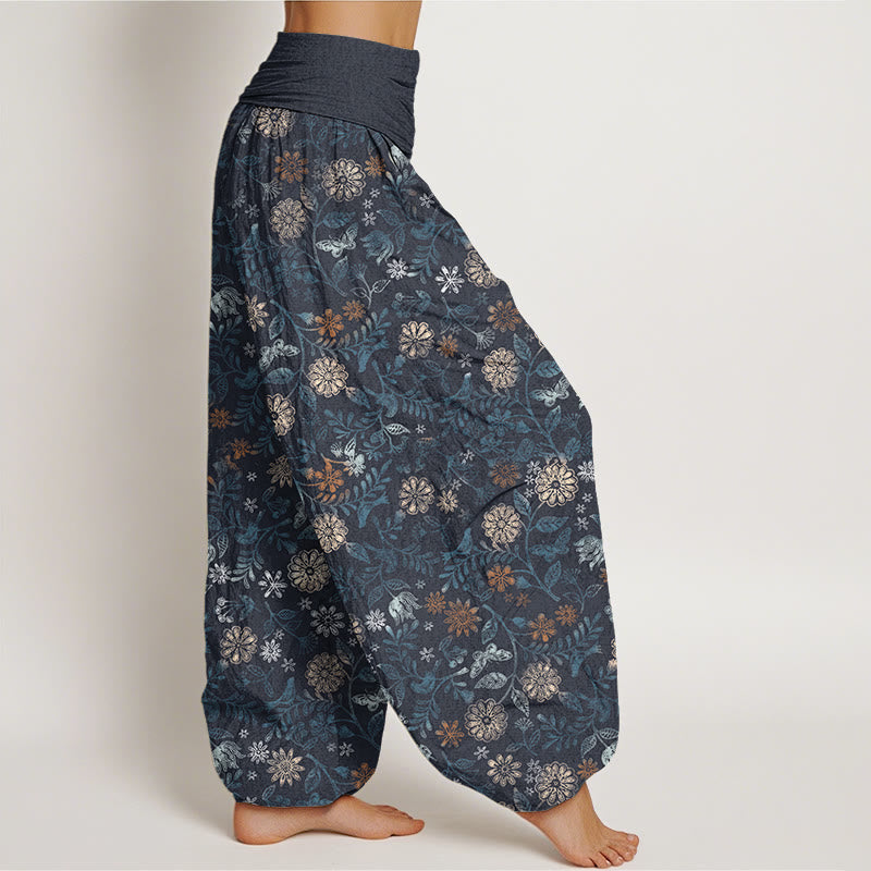 Casual New York Aster Flowers Leaves Design Women's Elastic Waist Harem Pants