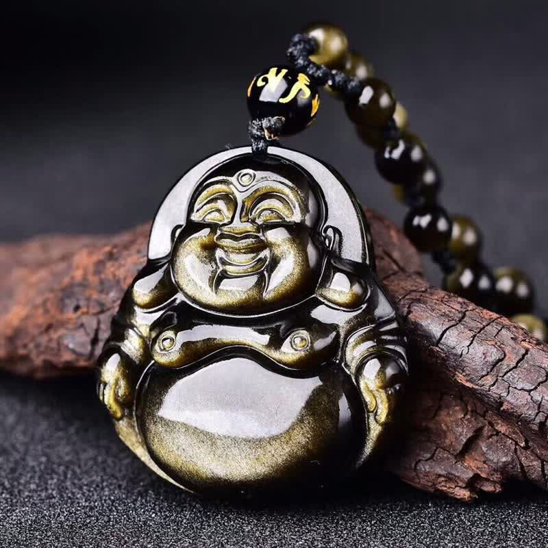 Laughing mystic zen Gold Sheen Obsidian Wealth Necklace Pendant