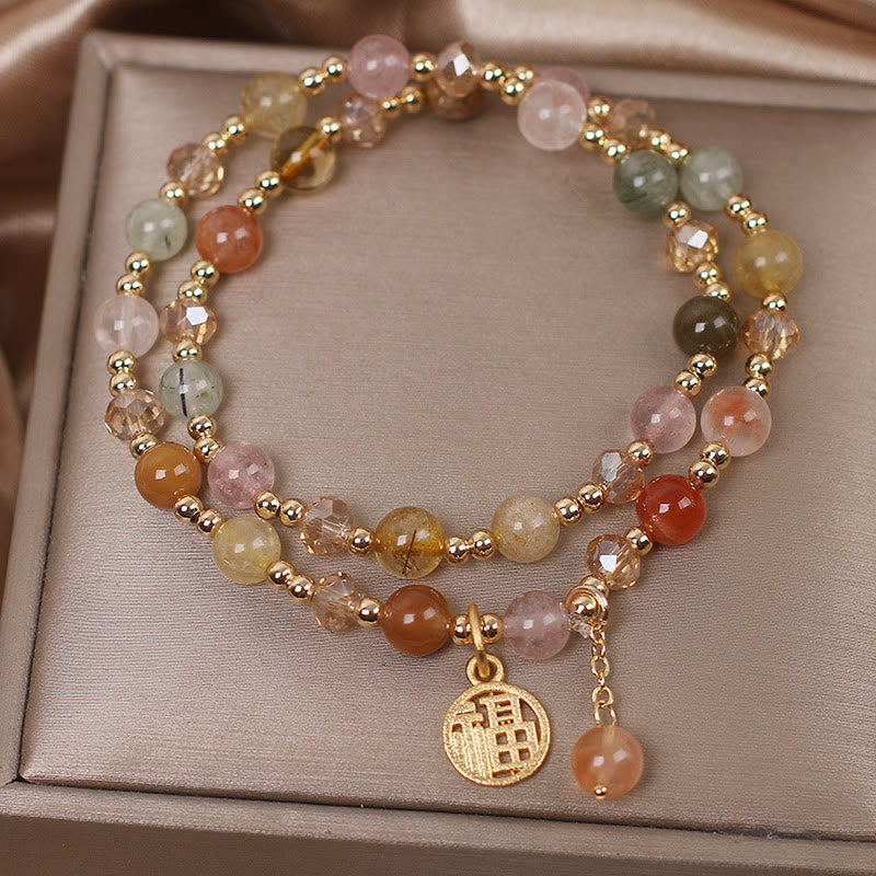 Multicolored Rutilated Quartz Fu Character Auspiciousness Bracelet