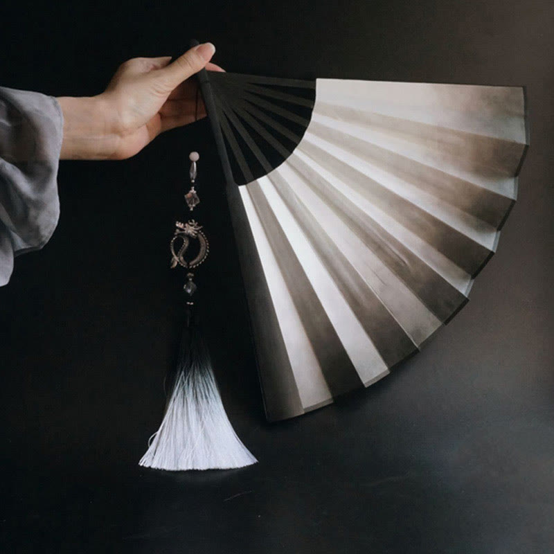 Black White Ink Gradient Rice Paper Handheld Bamboo Folding Fan
