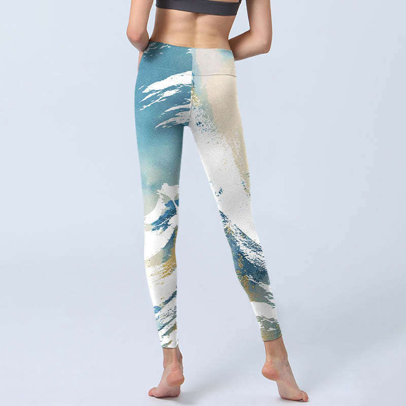 Blue White Beige Wave Graffiti Print Sports Fitness Leggings Women's Yoga Pants