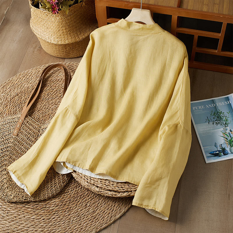 V Neck Casual Solid Color Long Sleeve Shirt Cotton Linen Women's Shirts