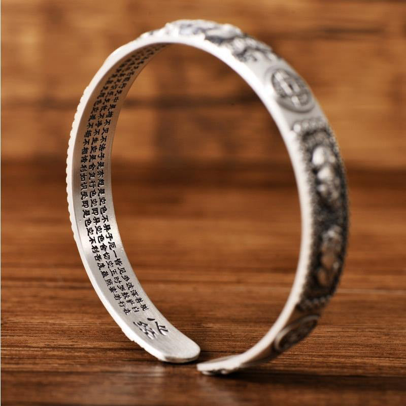 Tibetan PiXiu Heart Sutra Coin White Copper Wealth Bracelet Adjustable Bangle