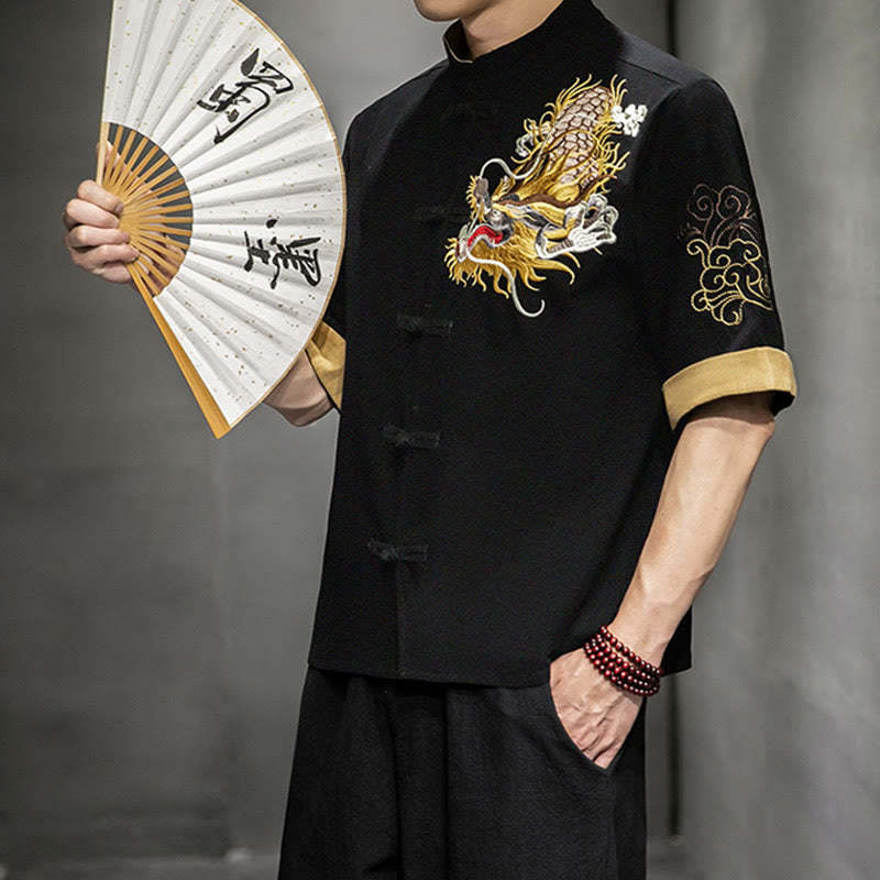 Frog-Button Chinese Dragon Auspicious Cloud Embroidery Half Sleeve Shirt Cotton Linen Men Clothing