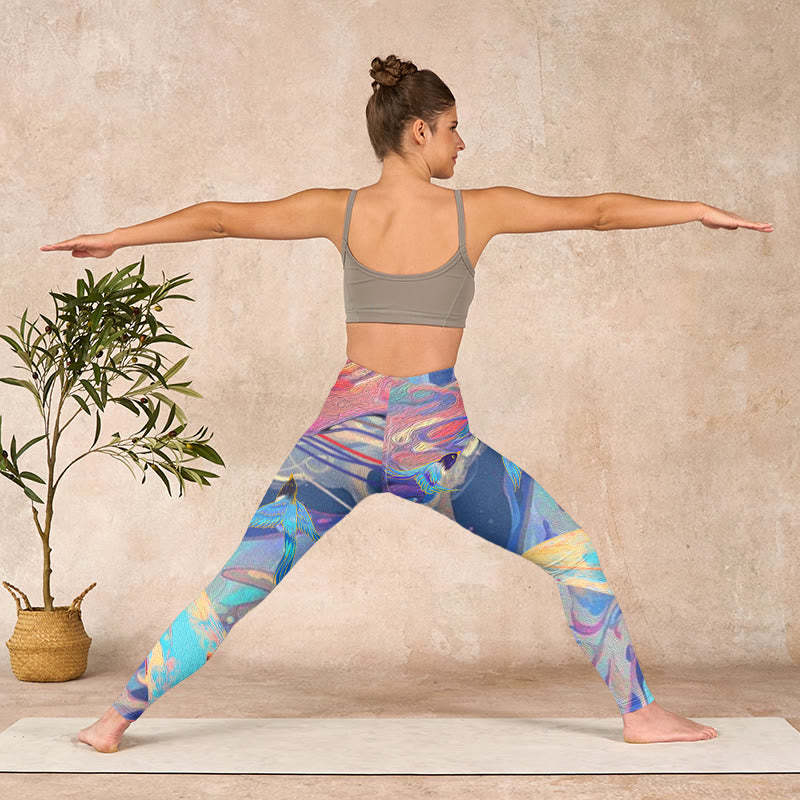 Whales Swallows Waves Print Gym Leggings Women's Yoga Pants