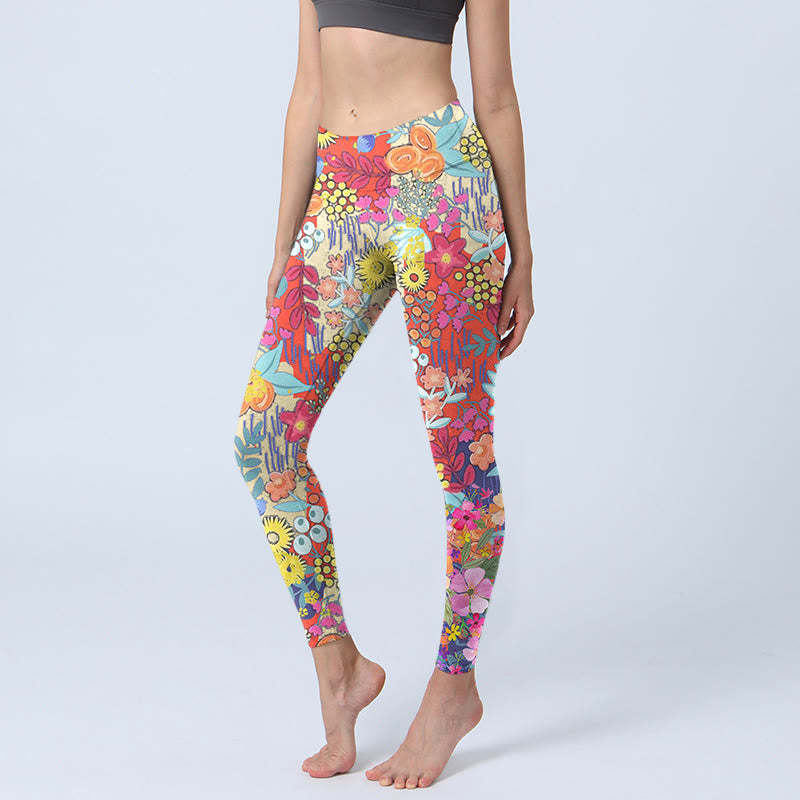 Colorful Flowers Leaves Print Gym Fitness Leggings Women's Yoga Pants