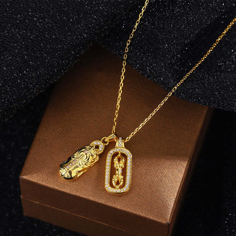 999 Sterling Silver Golden Pixiu Copper Coin Vajra Wealth Necklace Pendant