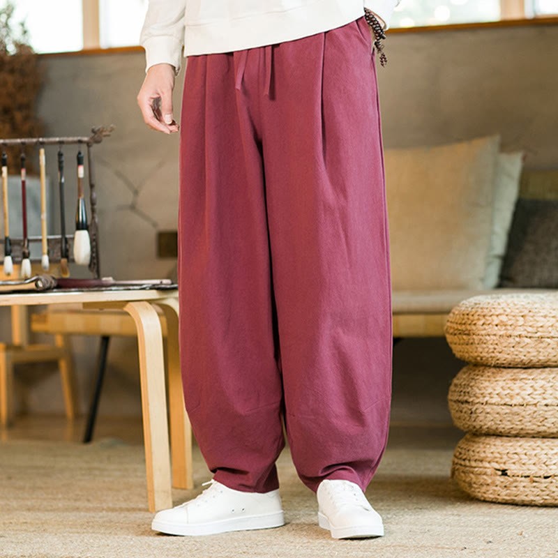 Solid Color Cotton Linen Drawstring Men's Harem Pants With Pockets