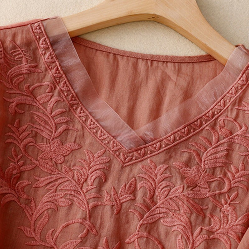 Vintage Casual Pure Leaf Embroidery V-Neck Half Sleeve Cotton Linen Women's T-Shirt