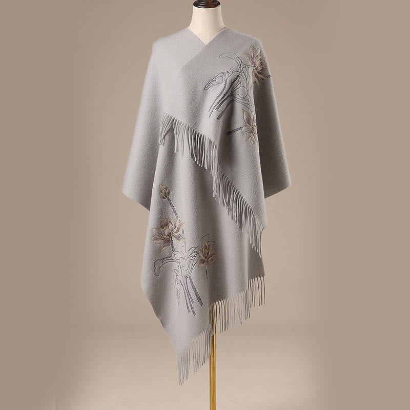 Wool Shawl Lotus Embroidery Tassel Winter Cozy Travel Scarf Wrap