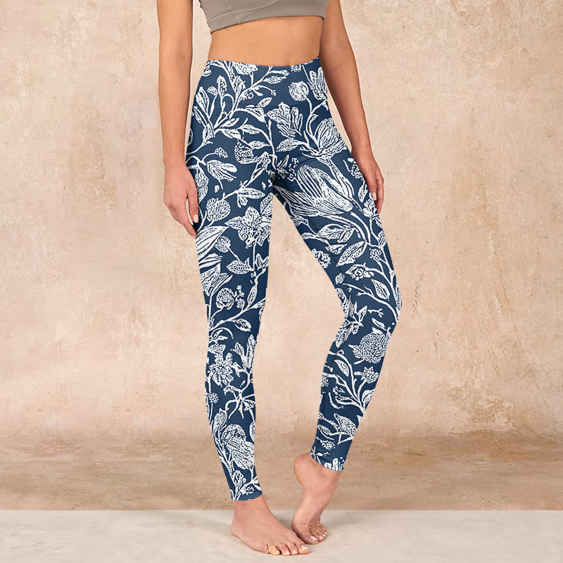 Dark Blue Flower Print Fitness Leggings Women's Yoga Pants