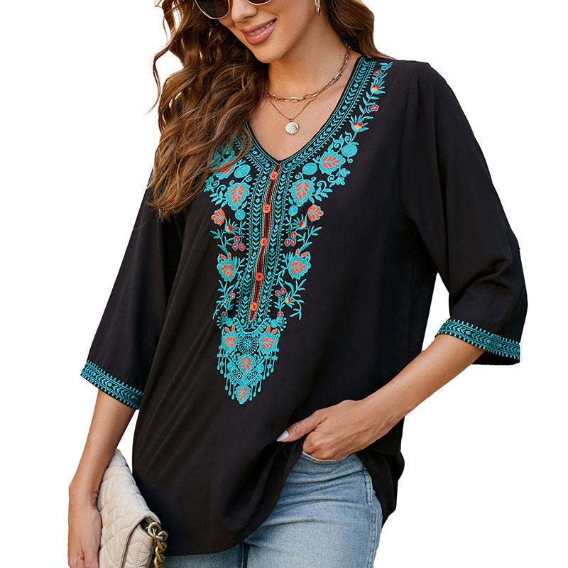 Summer Casual Embroidery Flower Leaf Half Sleeve V-neck Cotton Women's T-Shirt