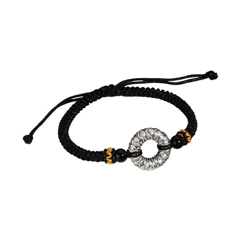 Handmade Black Onyx 999 Sterling Silver Peace Buckle Dragon Black String Luck Braided Bracelet