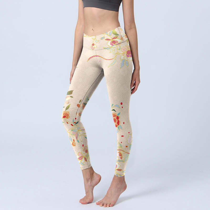 Apricot Butterfly Peony Flowers Leaves Print Gym Leggings Women's Yoga Pants