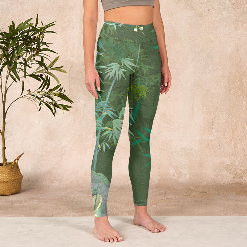 Green Bamboo Rock Flower Print Gym Leggings Women's Yoga Pants