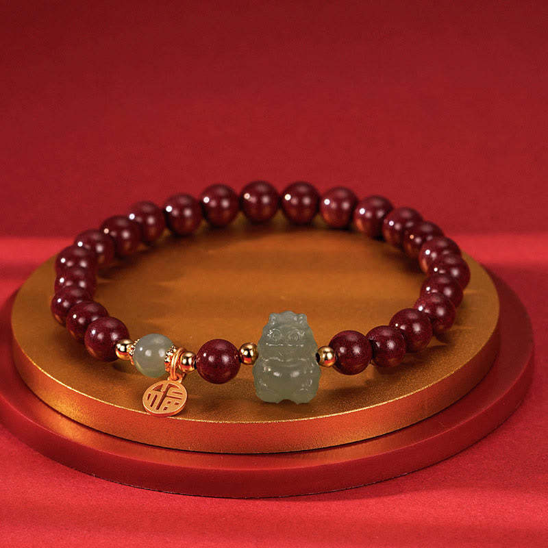 925 Sterling Silver Year of the Dragon Natural Cinnabar Hetian Jade Dragon Fu Character Ruyi As One Wishes Charm Blessing Bracelet (Extra 30% Off | USE CODE: FS30)