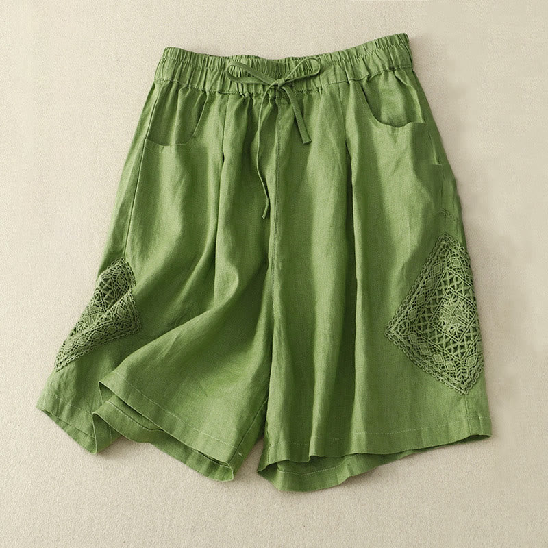 Casual Solid Color Side Hollow Design Lace-up Cotton Linen Women's Shorts With Pockets