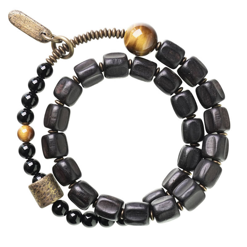 Ebony Wood Copper Brass Tiger Eye Peace Double Wrap Bracelet
