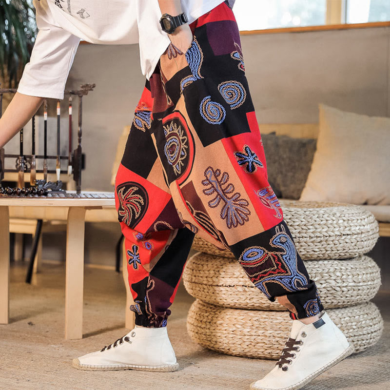 Grid Flower Print Cotton Men's Harem Pants With Pockets