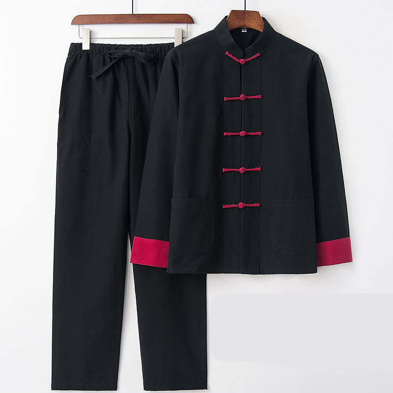 2Pcs Fall Men's Tang Suit Frog-Button Cotton Long Sleeve Shirt Pants Set