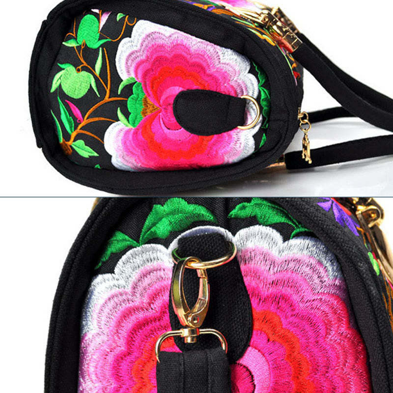 Money Tree Peony Camellia Double-Sided Embroidery Canvas Shopping Purse Handbag Crossbody Bag