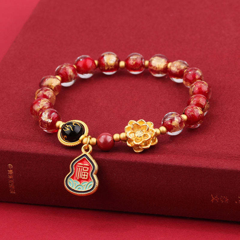Tibet Om Mani Padme Hum Fu Character Gourd Charm Lotus Liuli Glass Bead Luck Bracelet