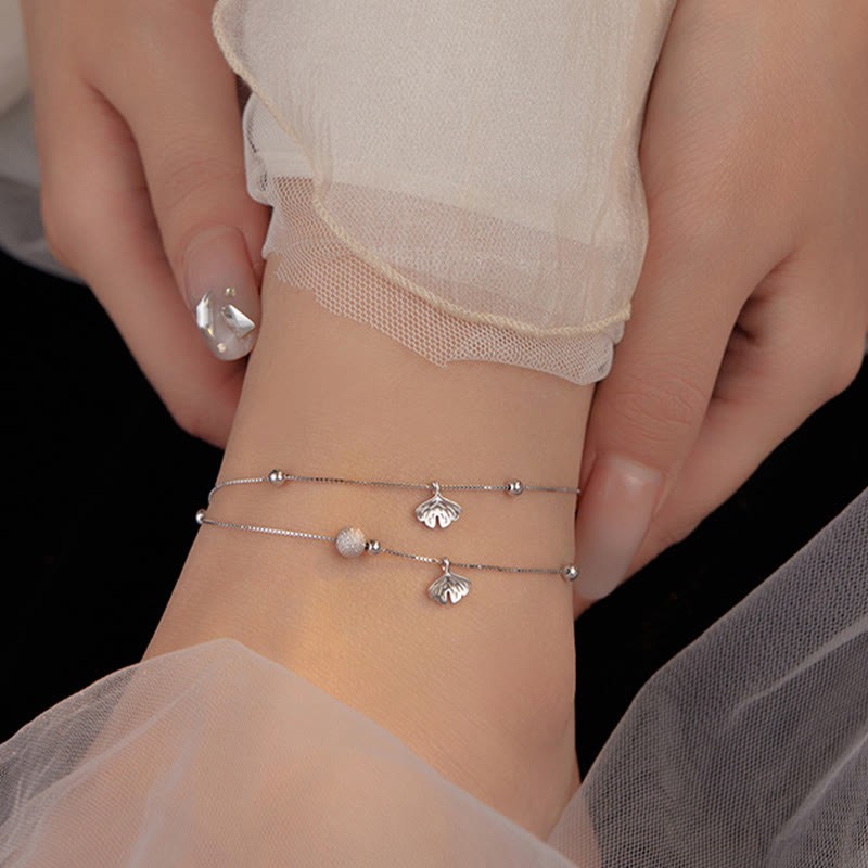 925 Sterling Silver Ginkgo Leaf Double Layer Protection Anklet