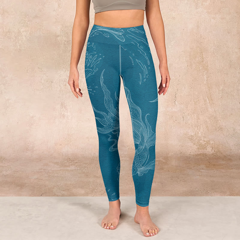 Blue Koi Fish Flowing Waves Print Gym Leggings Women's Yoga Pants