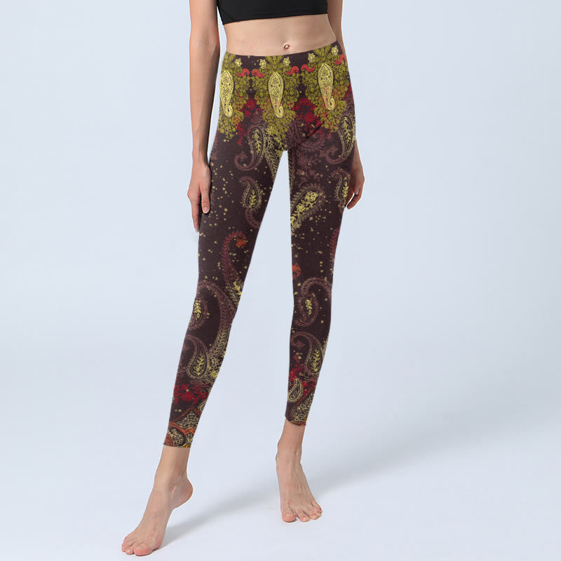 Reddish-brown Cashew Flower Vines Print Gym Leggings Women's Yoga Pants