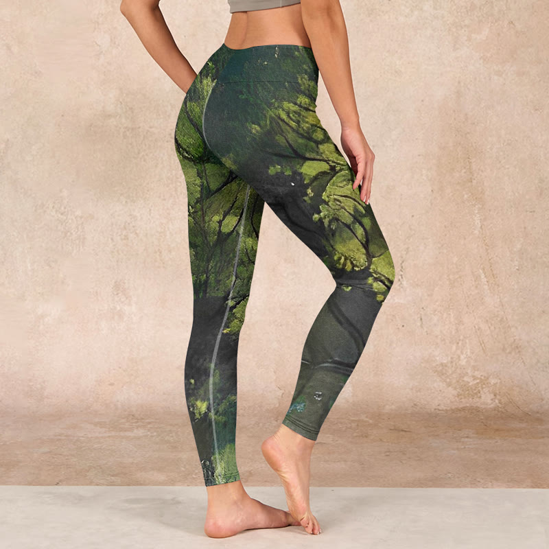 ForestGreen Leaves Black Lines Print Exercise Leggings Women's Yoga Pants